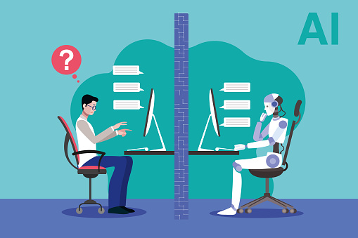 A robot and a scientist facing the Turing test. Artificial intelligence vector concep illustration.