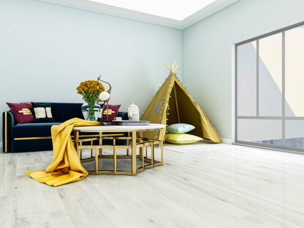 istock l3D rendering, spacious living room design of modern residence, with sofa, tea table, decorative painting, etc 1207738551