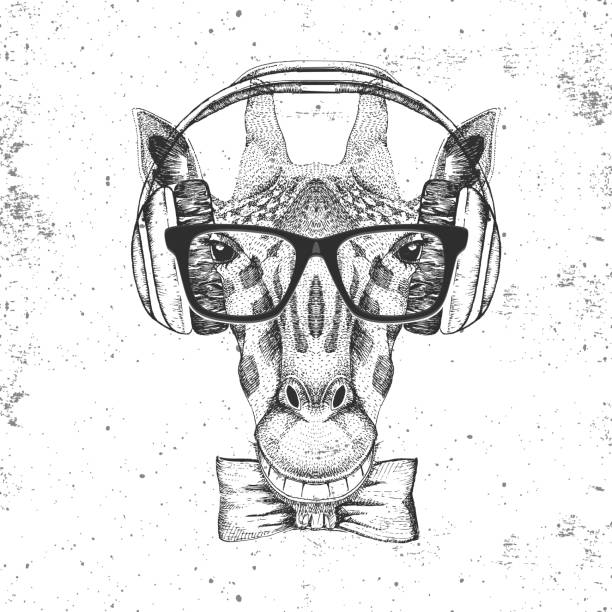 illustrations, cliparts, dessins animés et icônes de girafe animale rétro de hipster avec des écouteurs. muzzle de dessin de main de girafe - nose job audio