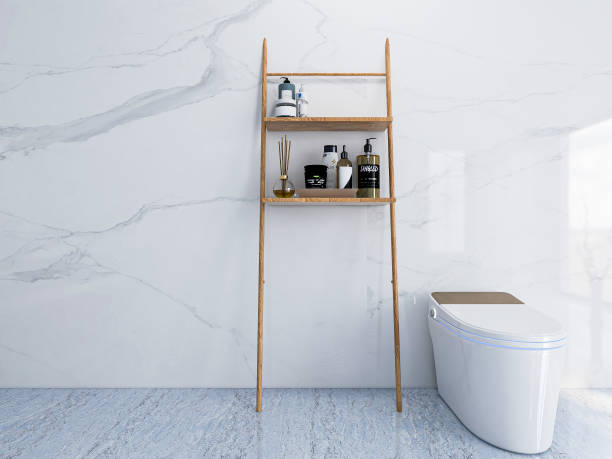 istock 3D rendering, modern residential clean bathroom design, with washbasins, mirrors, toilets, shower equipment and bathtubs, the sun shines in from the floor window. 1207739514