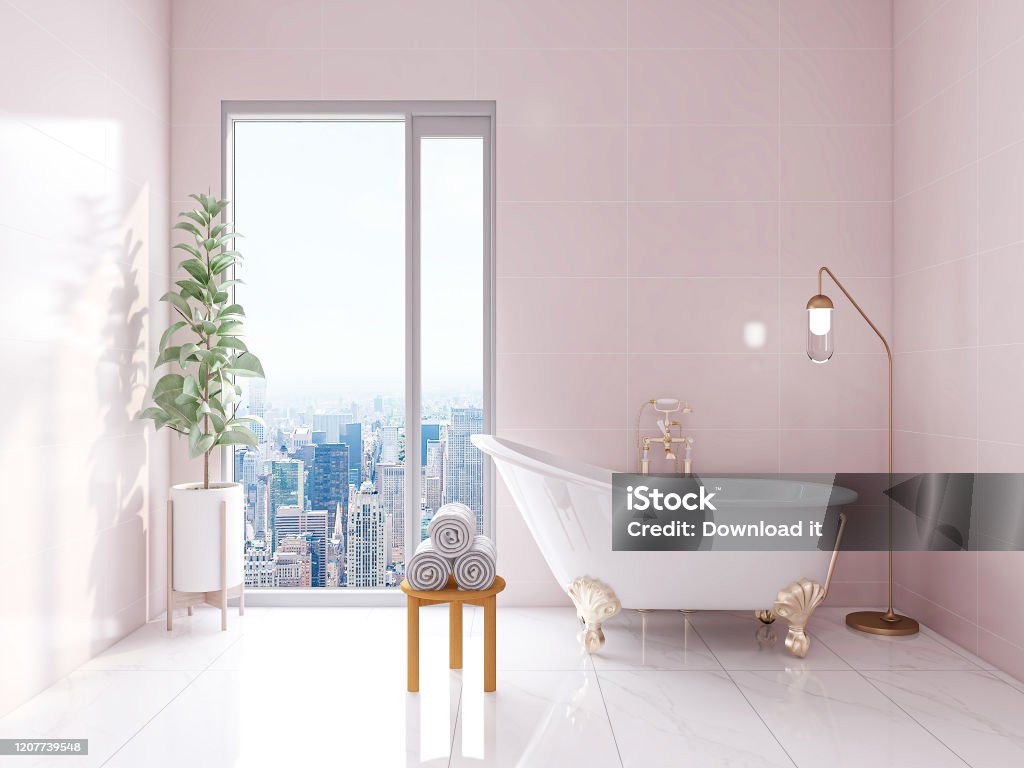 3D rendering, modern residential clean bathroom design, with washbasins, mirrors, toilets, shower equipment and bathtubs, the sun shines in from the floor window. Apartment Stock Photo