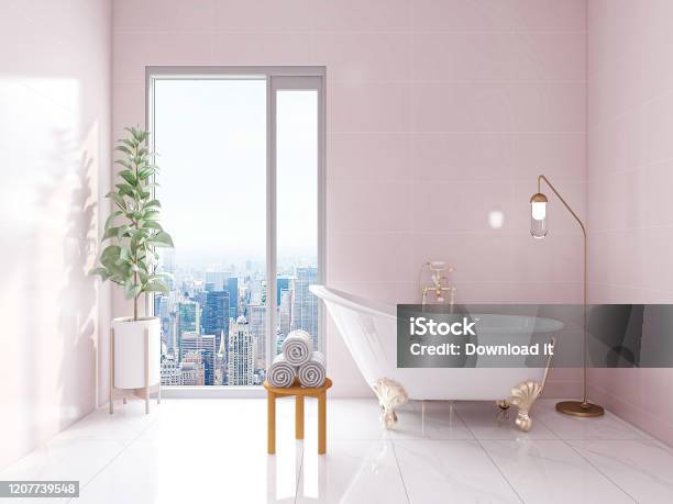 3d Rendering Modern Residential Clean Bathroom Design With Washbasins Mirrors Toilets Shower Equipment And Bathtubs The Sun Shines In From The Floor Window Stock Photo - Download Image Now
