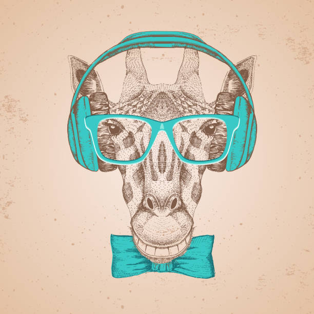 illustrations, cliparts, dessins animés et icônes de girafe animale rétro de hipster avec des écouteurs. muzzle de dessin de main de girafe - nose job audio