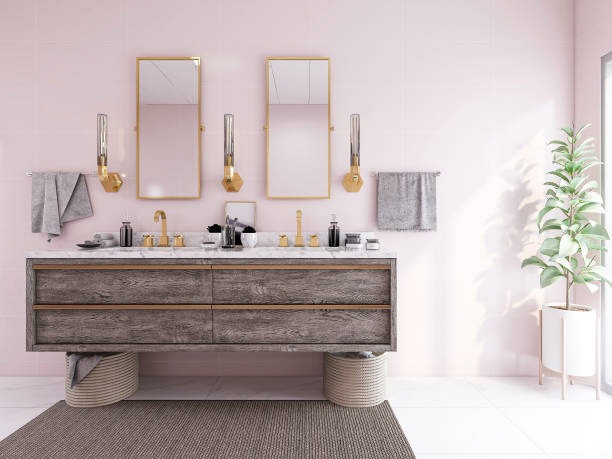 istock 3D rendering, modern residential clean bathroom design, with washbasins, mirrors, toilets, shower equipment and bathtubs, the sun shines in from the floor window. 1207739644