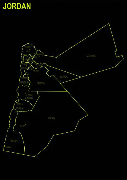 Vector illustration of Neon map of Jordan against black background
