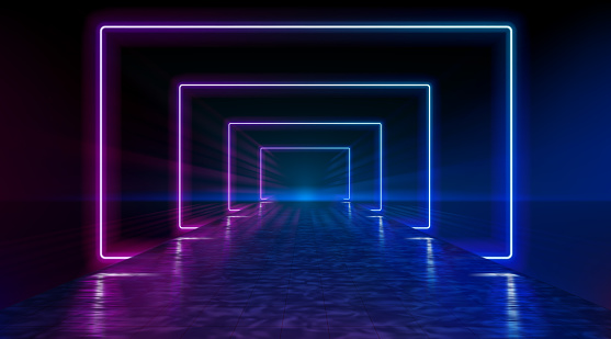 Neon corridor stretching to the horizon, clear night sky without clouds, reflection of light on the wet surface of the road. The road to the horizon. Futuristic portals. Vector.