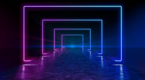 Neon corridor stretching to the horizon, clear night sky without clouds, reflection of light on the wet surface of the road. The road to the horizon. Futuristic portals. Vector. Neon corridor stretching to the horizon, clear night sky without clouds, reflection of light on the wet surface of the road. The road to the horizon. Futuristic portals. Vector. EPS 10 stage stock illustrations