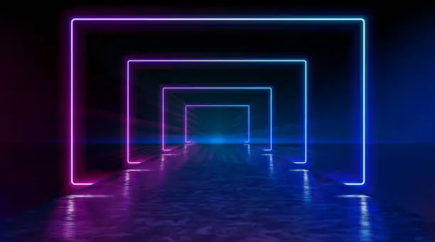 Vector illustration of Neon corridor stretching to the horizon, clear night sky without clouds, reflection of light on the wet surface of the road. The road to the horizon. Futuristic portals. Vector.
