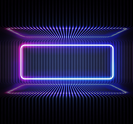 Neon color geometric round rectangle on metal stripe pattern background. Round rectangle mystical portal, luminous line, neon sign. Reflection of blue and pink neon light on the floor. Vector. EPS 10