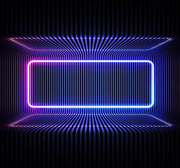 Vector illustration of Neon color geometric round rectangle on metal stripe pattern background. Round rectangle mystical portal, luminous line, neon sign. Reflection of blue and pink neon light on the floor. Vector.