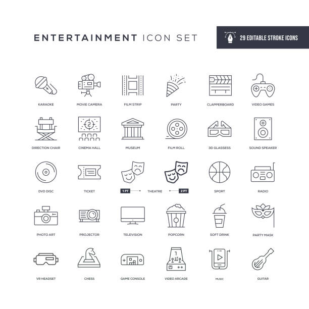 Entertainment Editable Stroke Line Icons 29 Entertainment Icons - Editable Stroke - Easy to edit and customize - You can easily customize the stroke with music and entertainment icons stock illustrations