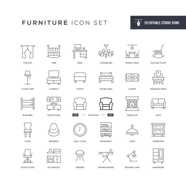 möbel editierbare strichlinie icons - sofa stock-grafiken, -clipart, -cartoons und -symbole