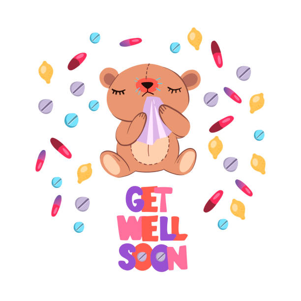 Vector Hand Drawn Postcard Get Well Soon With Cute Cartoon Style Sick Bear  With Red Nose And Napkin With Pills And Capsules Around Him Stock  Illustration - Download Image Now - iStock