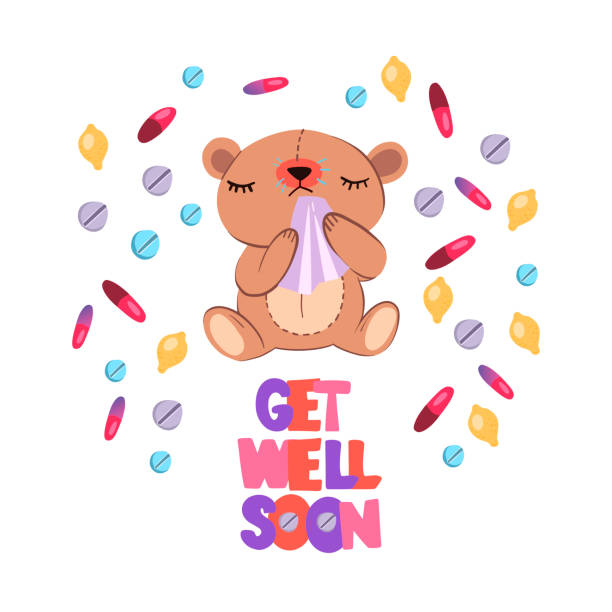 Vector Hand Drawn Postcard Get Well Soon With Cute Cartoon Style Sick Bear With Red Nose And Napkin With Pills And Capsules Around Him Stock Illustration - Download Image Now - iStock Vector Hand Drawn Postcard Get Well Soon With Cute Cartoon Style Sick Bear With Red Nose And Napkin With Pills And Capsules Around Him Stock Illustration - Download Image Now - iStock