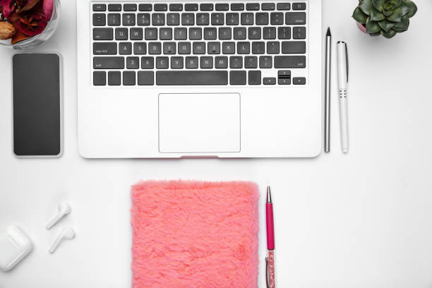 istock Flat lay, mock-up. Feminine home office workspace, copyspace 1207743756