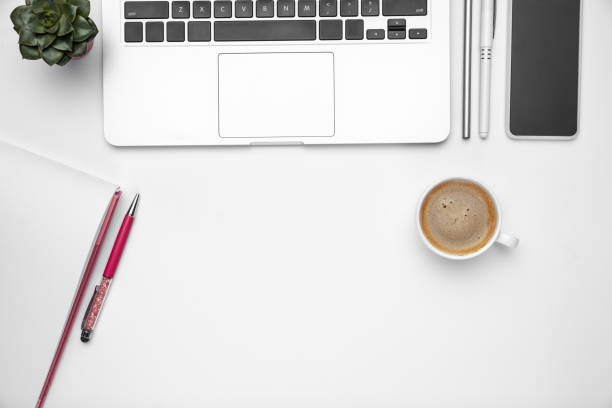 istock Flat lay, mock-up. Feminine home office workspace, copyspace 1207743805