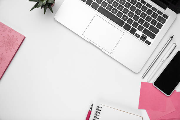 istock Flat lay, mock-up. Feminine home office workspace, copyspace 1207744361