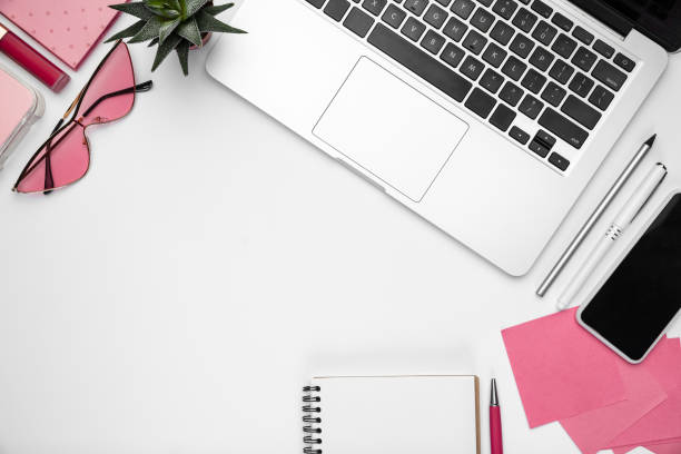 istock Flat lay, mock-up. Feminine home office workspace, copyspace 1207744378
