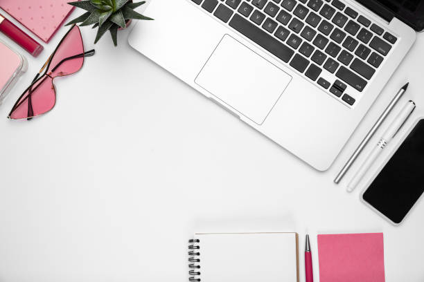 istock Flat lay, mock-up. Feminine home office workspace, copyspace 1207744382
