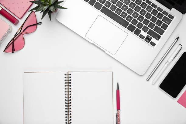 istock Flat lay, mock-up. Feminine home office workspace, copyspace 1207744396