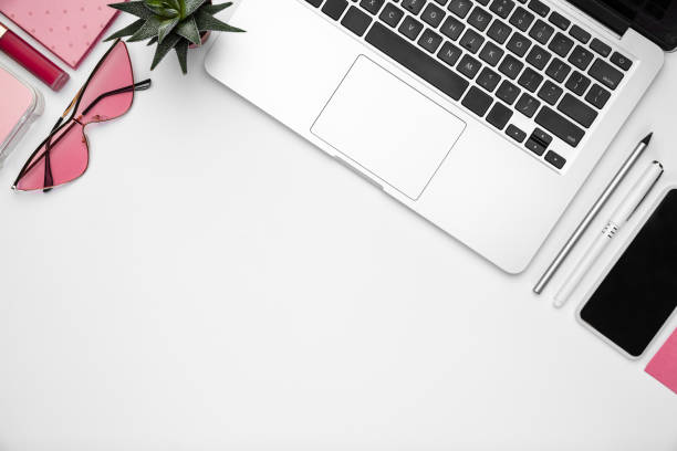 istock Flat lay, mock-up. Feminine home office workspace, copyspace 1207744398