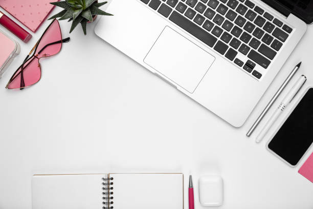 istock Flat lay, mock-up. Feminine home office workspace, copyspace 1207744401