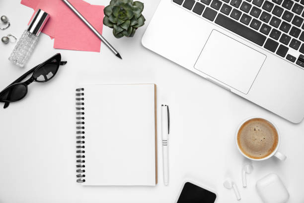 istock Flat lay, mock-up. Feminine home office workspace, copyspace 1207744469