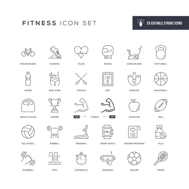 ilustraciones, imágenes clip art, dibujos animados e iconos de stock de iconos de línea de trazo editables de fitness - fitness