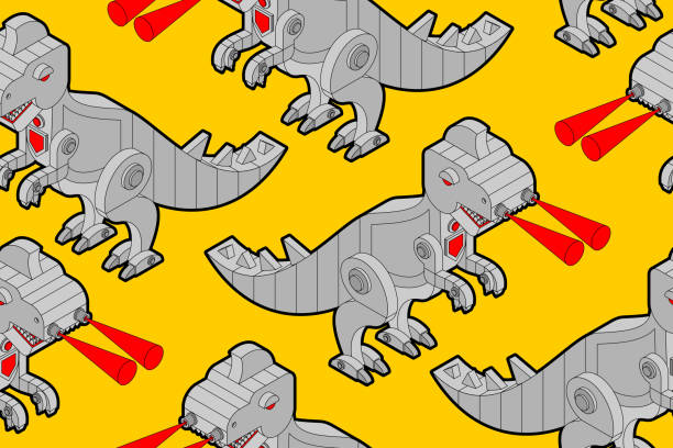 ilustraciones, imágenes clip art, dibujos animados e iconos de stock de robot dinosaur patrón sin costuras. monstruo de hierro fondo prehistórico. ornamento mecánico de depredador animal t-rex. textura de tela de bebé - gear backgrounds machine teeth metallic