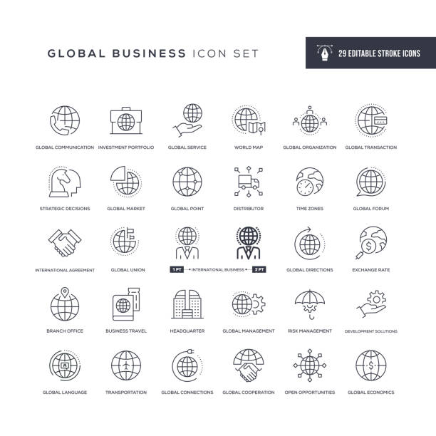 ilustrações de stock, clip art, desenhos animados e ícones de global business editable stroke line icons - business class