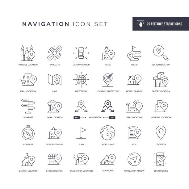 illustrazioni stock, clip art, cartoni animati e icone di tendenza di icone della linea del tratto modificabile per la navigazione - global positioning system map road map direction