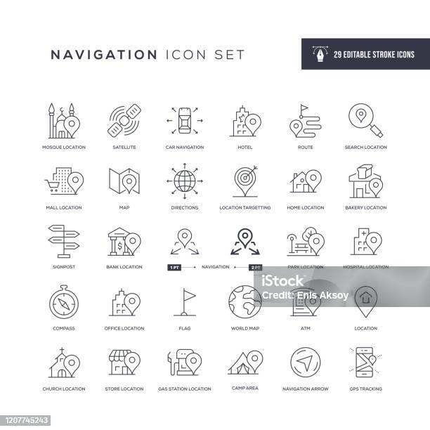 Navigation Editable Stroke Line Icons Stock Illustration - Download Image Now - Icon, Map Pin Icon, Direction