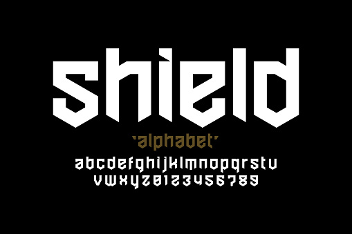 Shield style font design, security, protection theme alphabet, alphabet letters and numbers, vector illustration