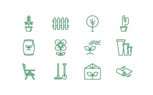 ilustraciones, imágenes clip art, dibujos animados e iconos de stock de 12 iconos vectoriales de green gardening shop - florist flower gardening store