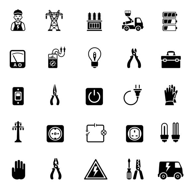 Electricity Icon Set Set of electricity icons transformer stock illustrations