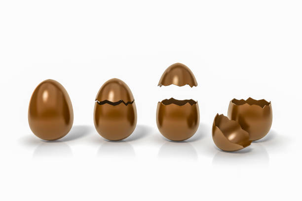 one is intact, the second is broken, the third and forth eggs chocolate are open on white background 3d rendering. 3d illustration sweet easter eggs holiday card template minimal concept. - wealth eggs animal egg easter egg imagens e fotografias de stock