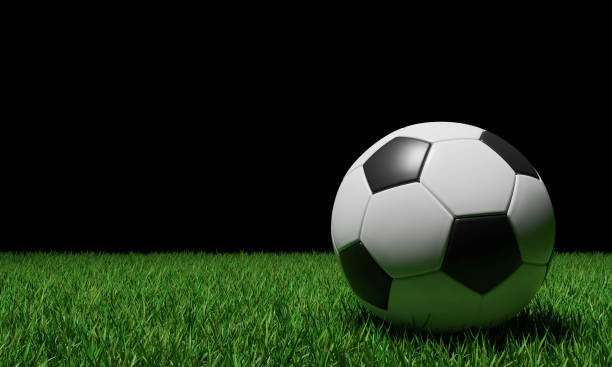 istock Realistic soccer ball or football ball basic pattern  on  green grass field. 3d Style and rendering concept for game and olympic  Japan 2020. 1207752299