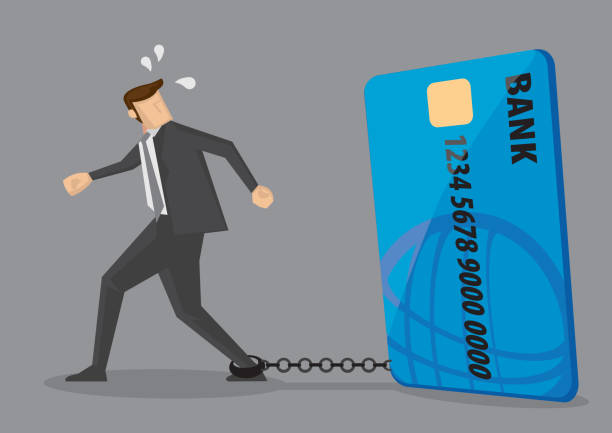 Slave to Credit Card Debt Conceptual Vector Illustration Cartoon businessman with foot chained to bank credit card trying to escape. Creative vector illustration on credit card debt concept isolated on grey background. over spend stock illustrations