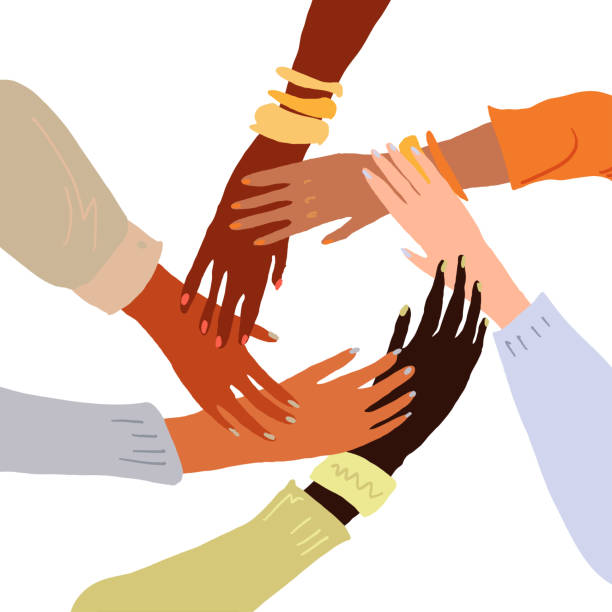 Illustration of a people's hands with different skin color together holding each other. Race equality, feminism, tolerance art in minimal style. Illustration of a people's hands with different skin color together holding each other. Race equality, feminism, tolerance art in minimal style. equality illustrations stock illustrations