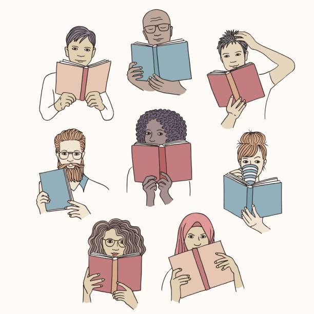 ilustrações de stock, clip art, desenhos animados e ícones de hand drawn diverse people reading books - woman with glasses reading a book