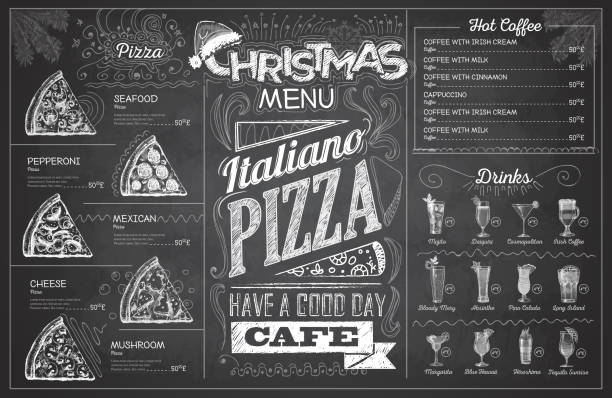 illustrazioni stock, clip art, cartoni animati e icone di tendenza di design del menu natalizio di disegno in gesso vintage. menu ristorante - pizza margherita