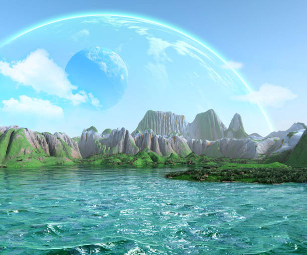 Fantasy landscape, alien Planetary system, Sea, mountains and clouds, 3d illustration