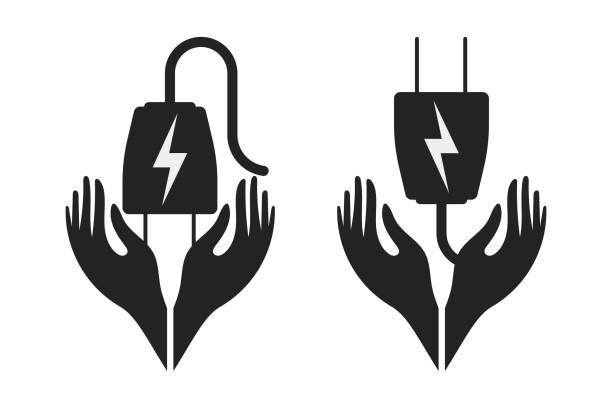 значок энергосбережения в векторной форме с белым фоном - connection block electricity fuse white background stock illustrations