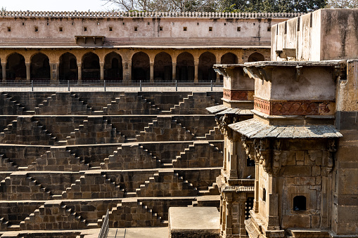 Ancient Indian step well, Architecture of stairs at Abhaneri baori stepwell in Jaipur, Rajasthan india.