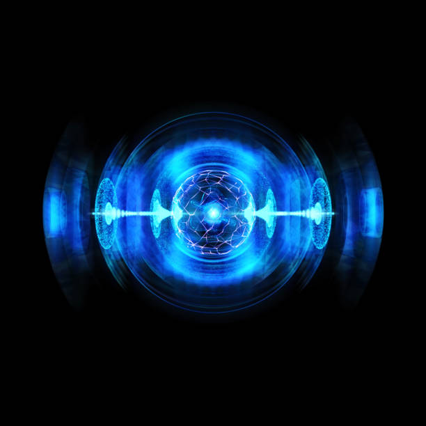 illustrazioni stock, clip art, cartoni animati e icone di tendenza di distruggere particelle ad alta energia che producono scarica. concetto di antigravità, campo magnetico, fusione nucleare e onde gravitazionali - fissione-nucleare