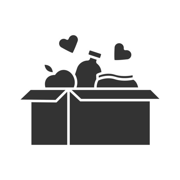 ilustrações de stock, clip art, desenhos animados e ícones de food donations glyph icon. charity food collection. box with meal, hearts. humanitarian volunteer activity. helping people in need. silhouette symbol. negative space. vector isolated illustration - banco alimentar