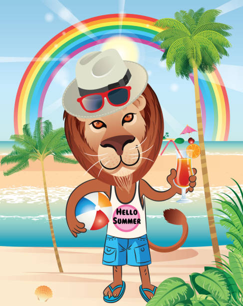 ilustrações, clipart, desenhos animados e ícones de leão feliz na praia - lion sands
