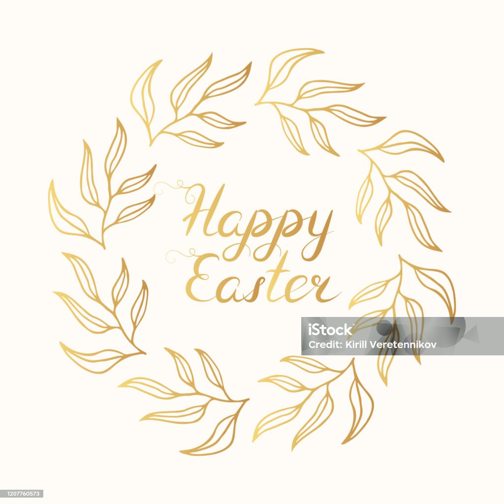 Gelukkig Gouden Kader Van Pasen Met Belettering Leuke Gouden Bloemen Krans Vakantie Wenskaart Uitnodiging Sjabloon Stockvectorkunst En Meer Beelden Van Blad - Istock