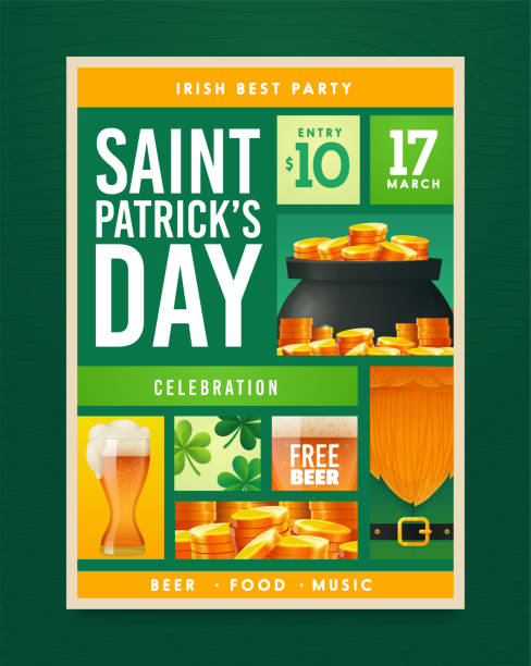 ilustrações, clipart, desenhos animados e ícones de desenho de pôster do dia de são patrício. convite de boate. patricks day flyer, folheto, convite de férias, ilustração do vetor de celebração corporativa - saint patricks banner green beer patrick leprechaun hat