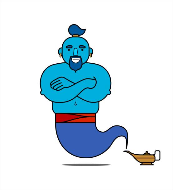 blauer genie aus der lampe, zeichentrickfigur, stehend mit gekreuzten armen. der genie wird alle drei wünsche erfüllen. illustration, poster für kinder, für ein kinderzimmer. isoliert auf weißem hintergrund. - magic lamp genie lamp smoke stock-grafiken, -clipart, -cartoons und -symbole